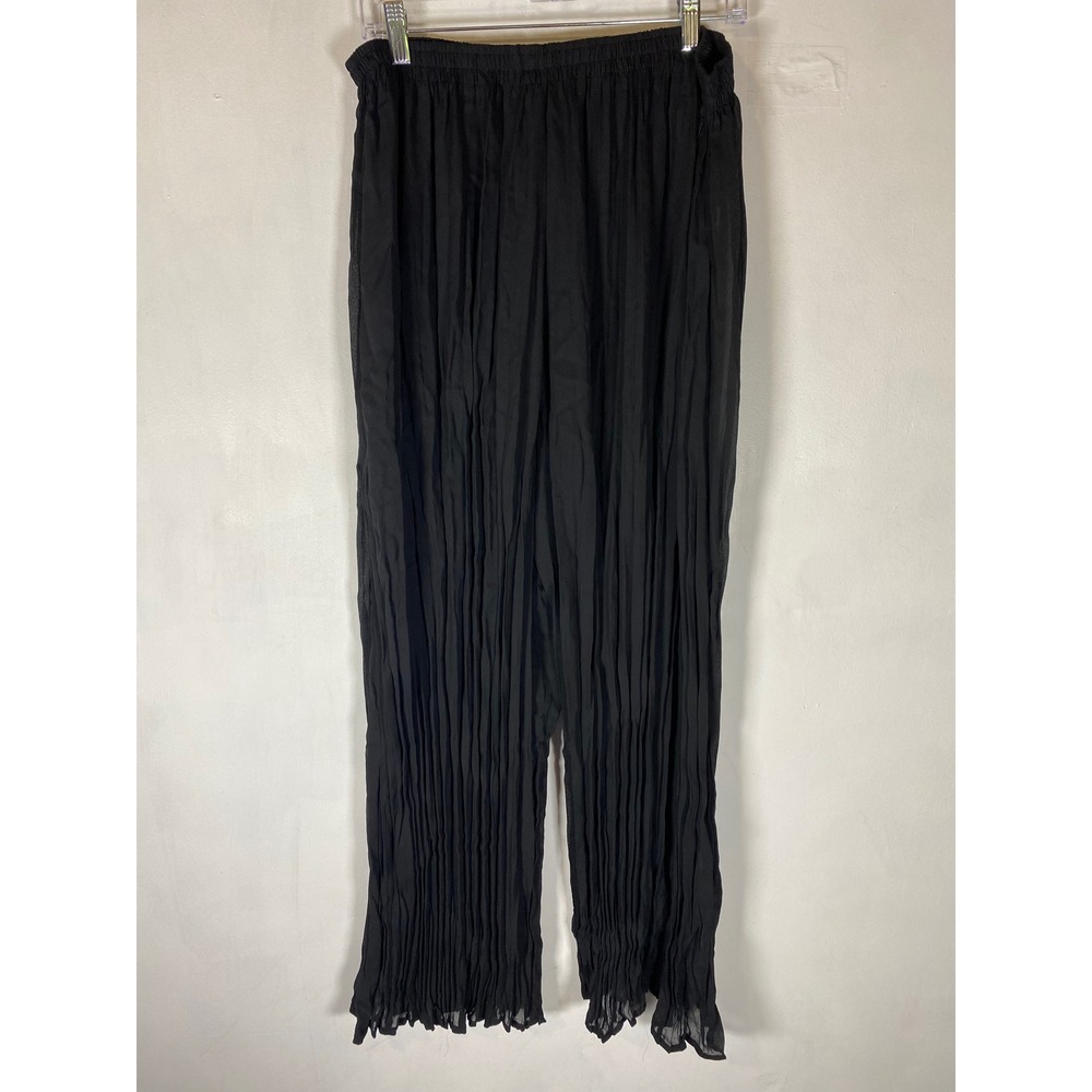 Black Crinkle Pleated Sheer Gauze Beach Cover Up Wide Leg Pull On Pants XL